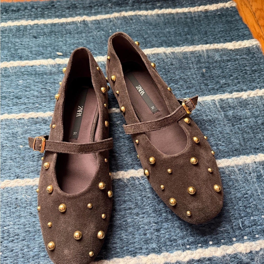 Zara Dark Brown Gold-Studded Flats